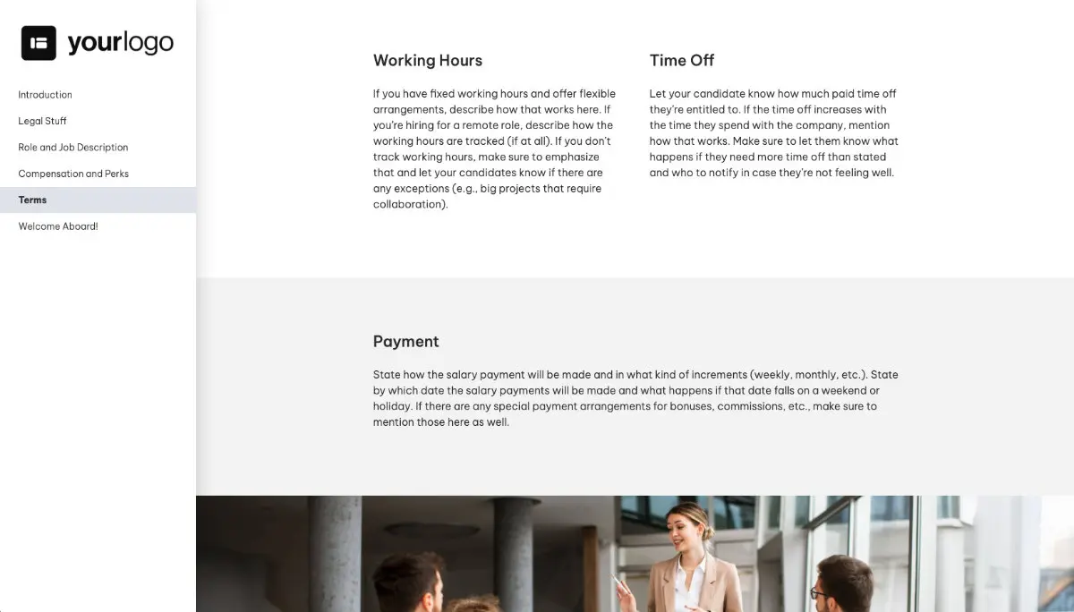 Sales Director Job Offer Template - Working Hours and Time Off