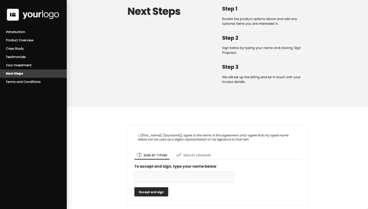 General Product Proposal Template - Deep Gray - Next steps with digital signing