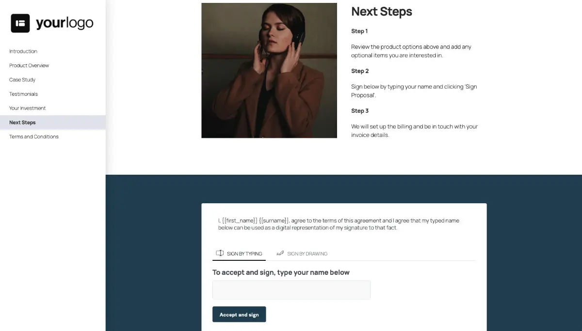 General Product Proposal Template - Deep Blue - Next steps with digital signing