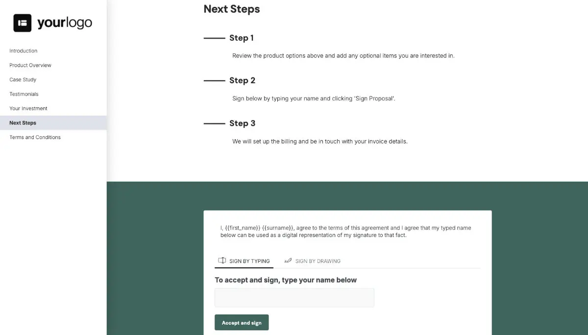 General Product Proposal Template - White Green - Next steps with digital signing