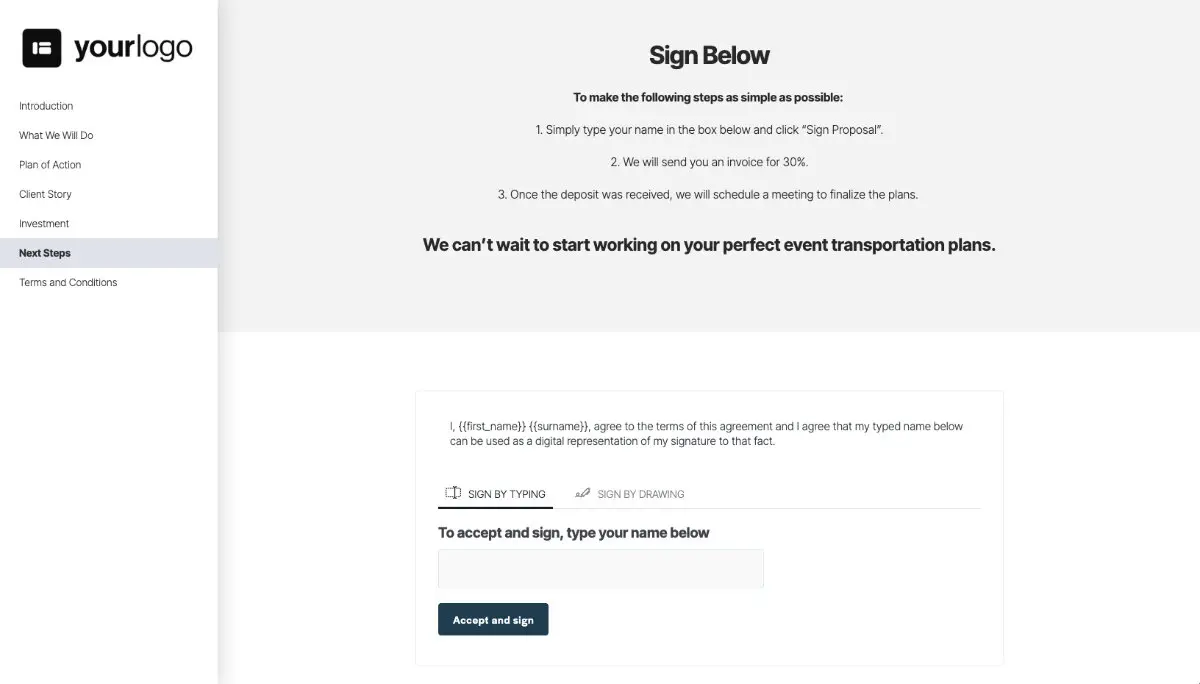 Transportation Proposal Template - Next steps with digital signing