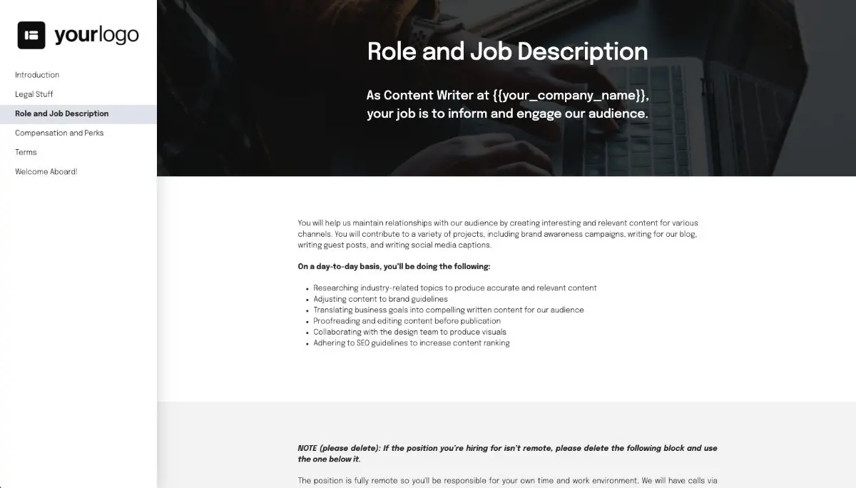 Content Writer Job Offer Template - Role and Job Description
