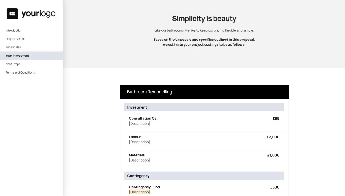 Bathroom Remodel Proposal Template - Pricing