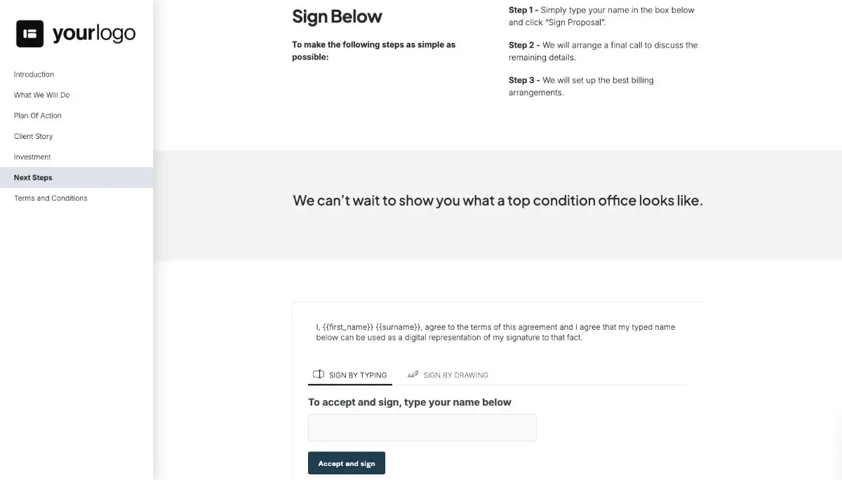 Commercial Cleaning Proposal Template - Next steps with digital signing