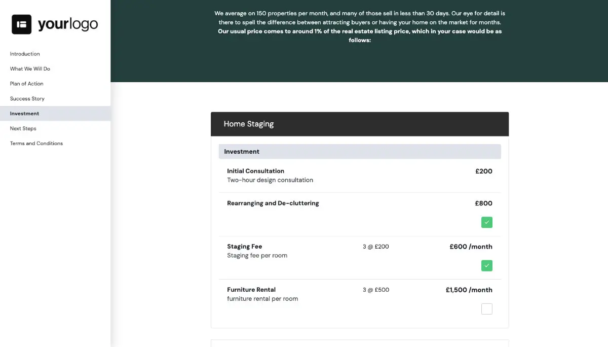 Home Staging Proposal Template - Pricing