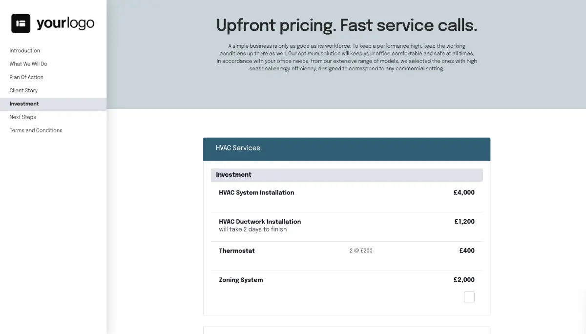 HVAC Proposal Template - Pricing