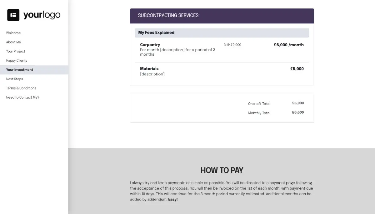 Subcontractor Proposal Template - Pricing
