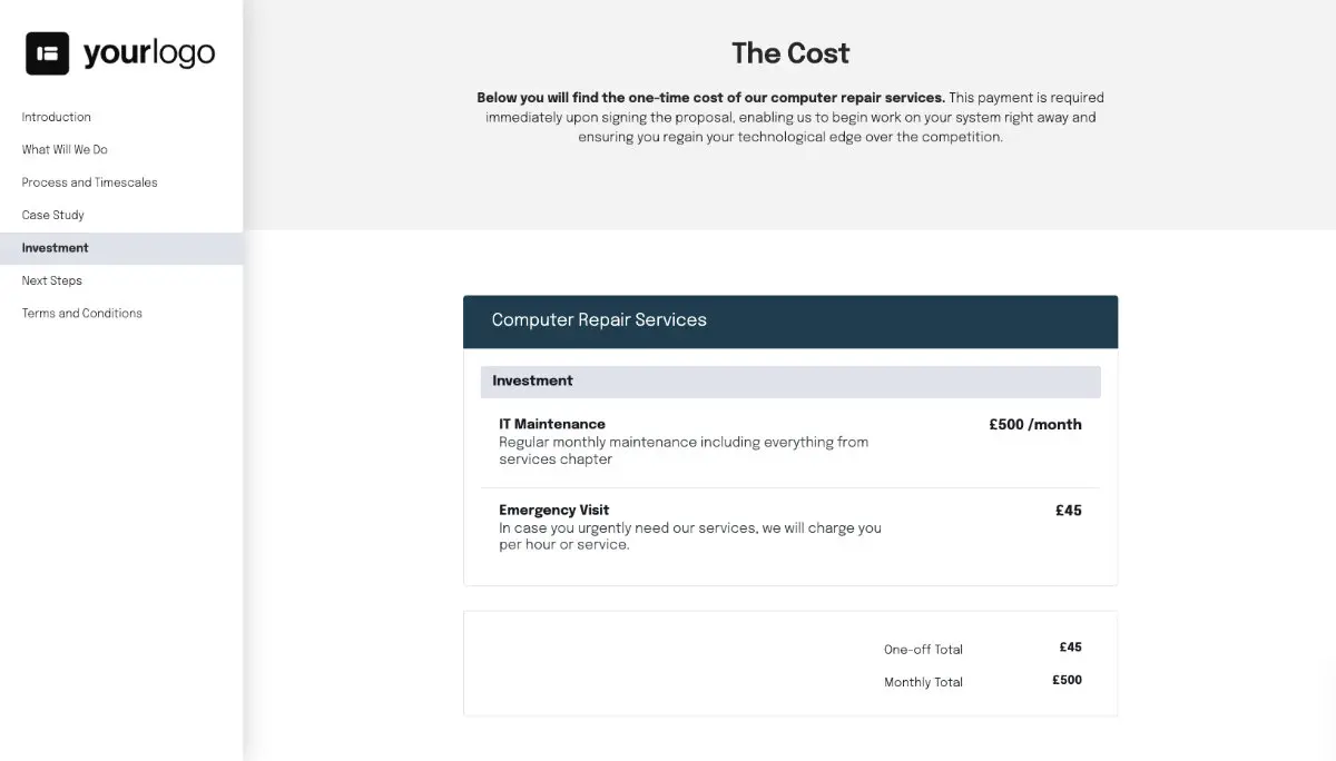 Computer Repair Proposal Template - Pricing