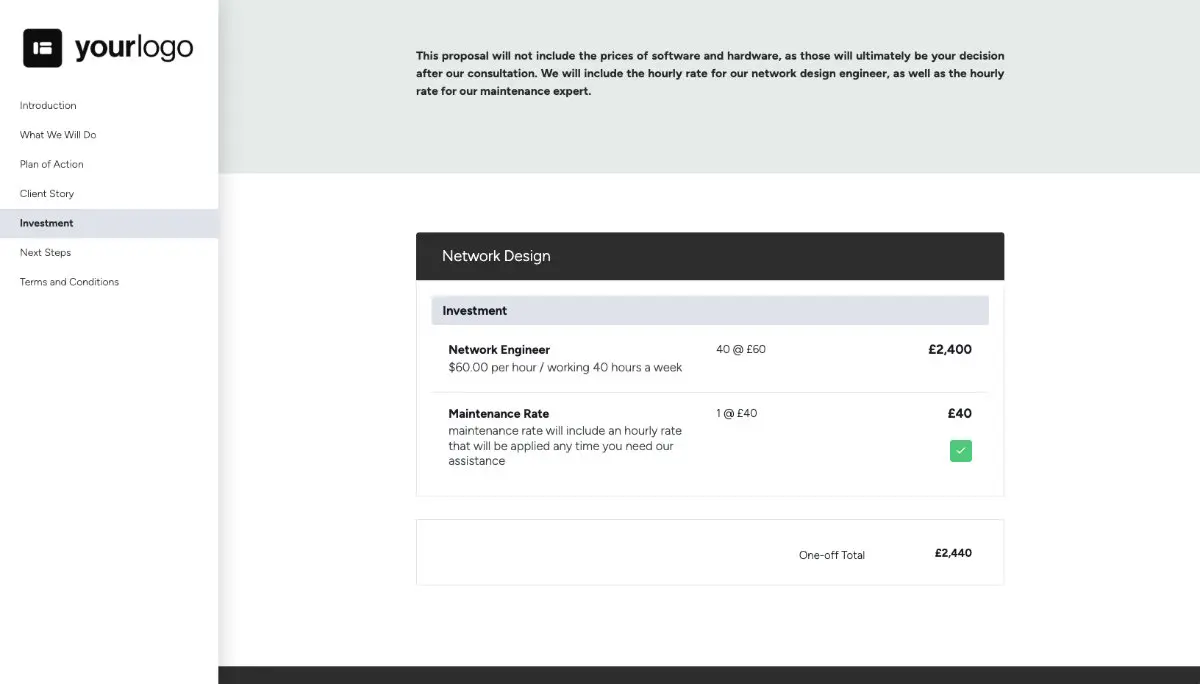 Network Design Proposal Template - Pricing