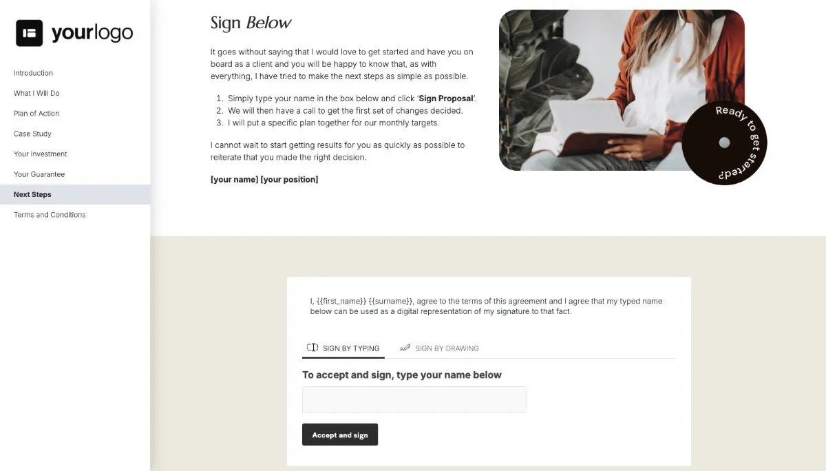 Virtual Assistant Proposal Template - Next steps with digital signing
