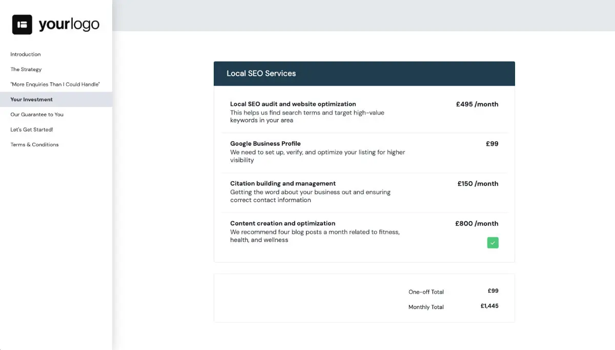 Local SEO Proposal Template - A pricing section
