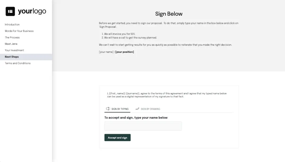 Copywriting Proposal Template - Next steps with digital signing
