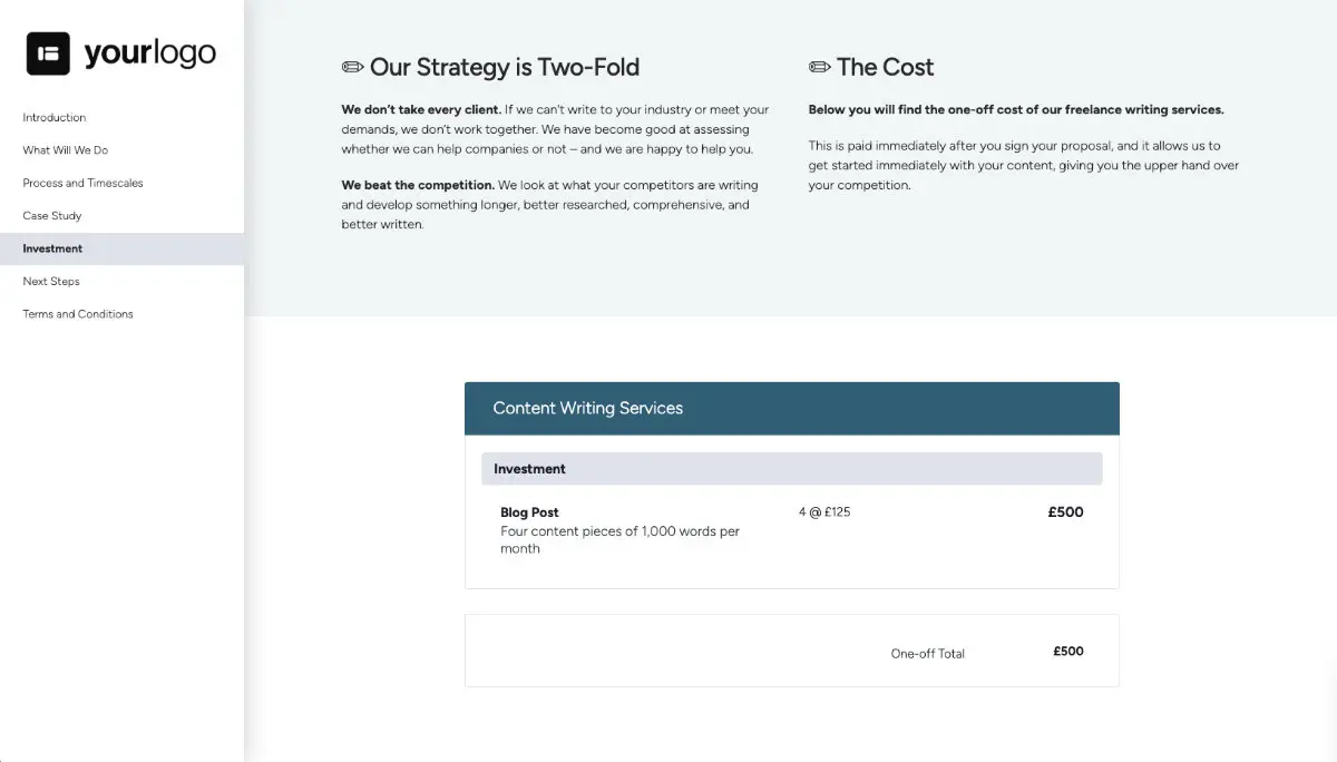 Freelance Writing Proposal Template - Pricing