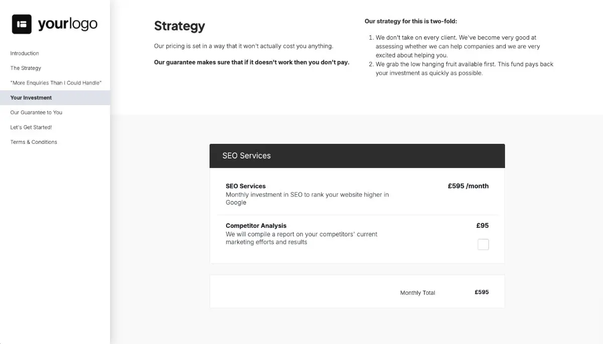 SEO Proposal Template - The pricing section