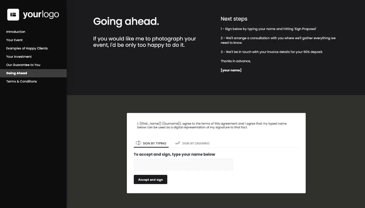 Photography Proposal Template - Next steps with digital signing