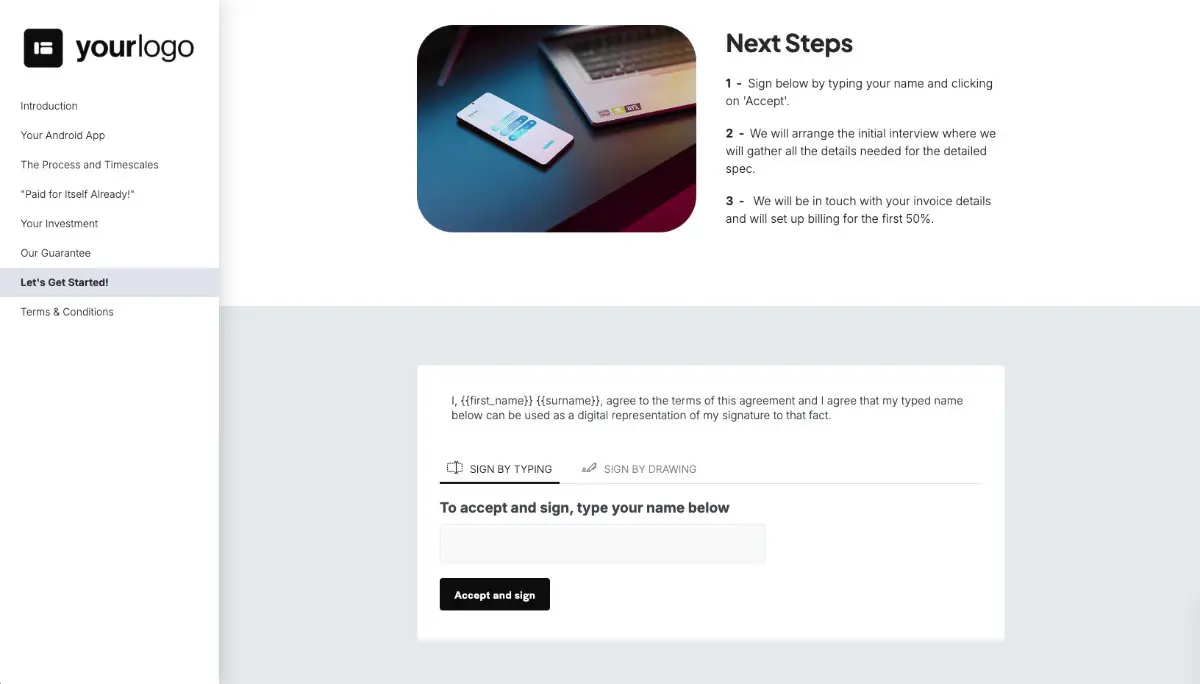 Android Mobile App Development Proposal Template - Next steps with digital signing