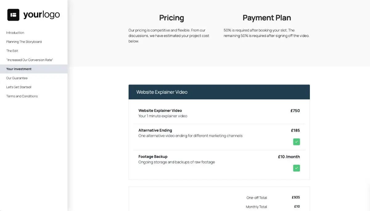 Website Explainer Video Proposal Template - Pricing