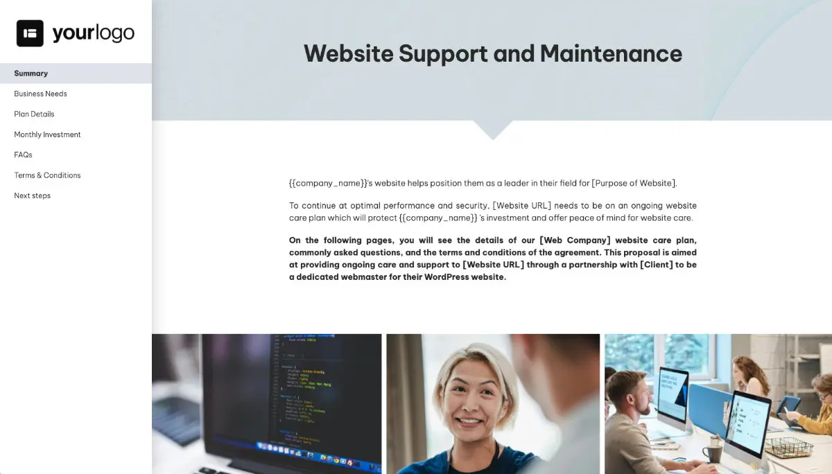 Website Support and Maintenance Proposal Template - Pre-written services section