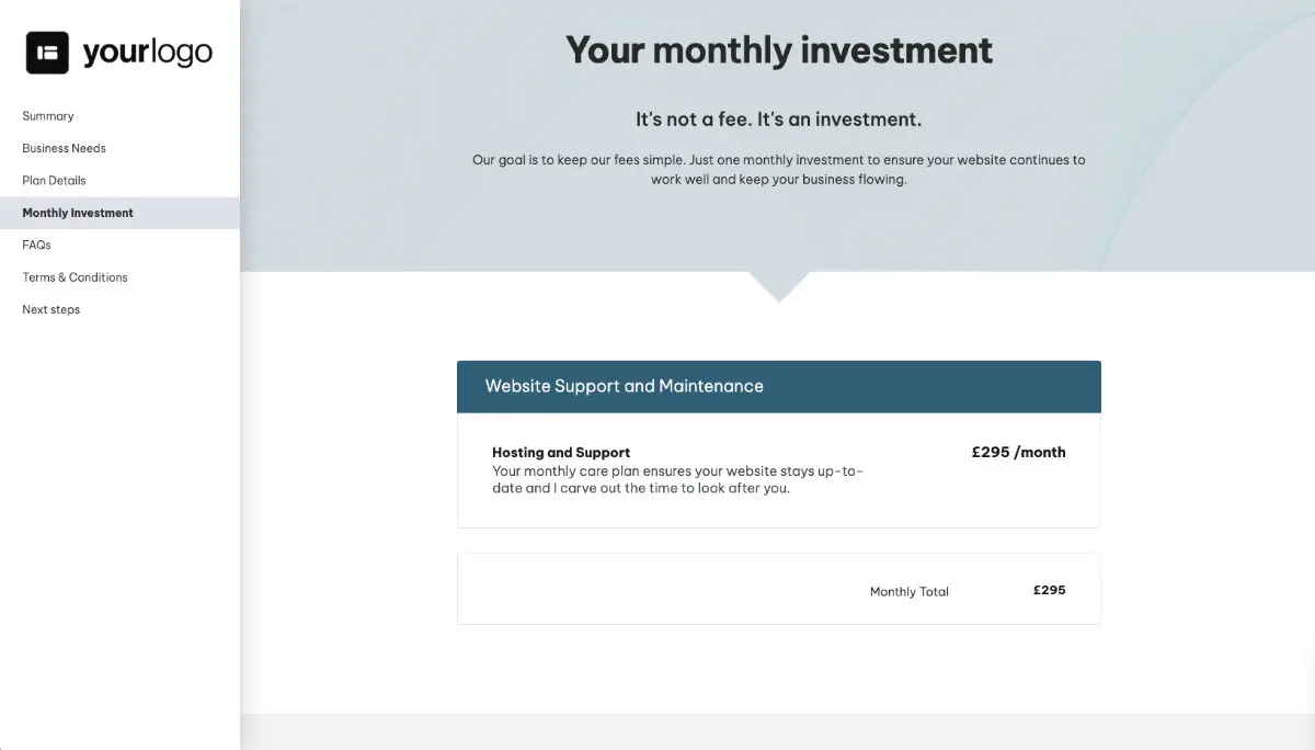 Website Support and Maintenance Proposal Template - Pricing
