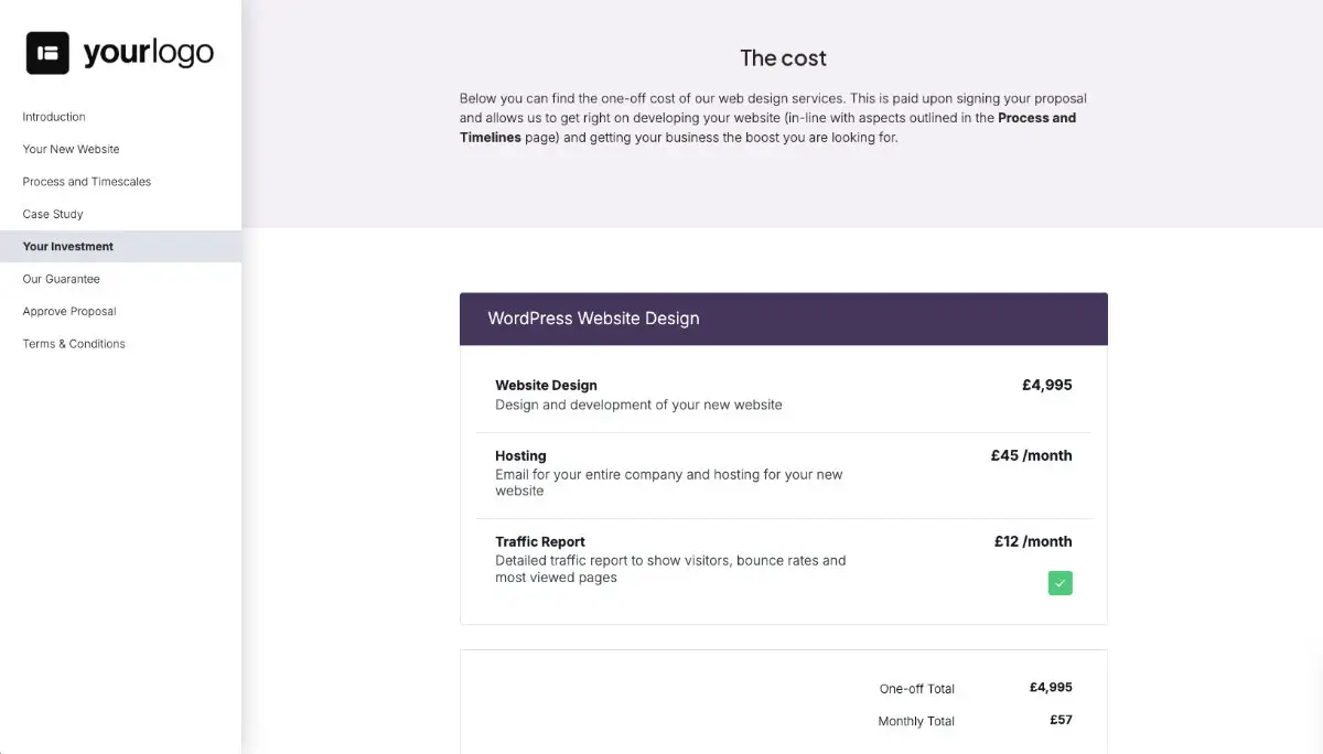 WordPress Web Design Proposal Template - The pricing section
