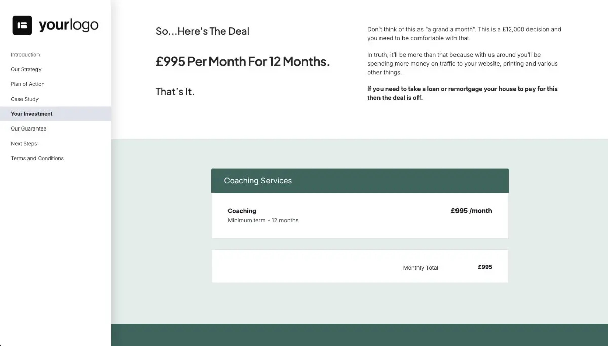 Coaching Quote Template - Pricing
