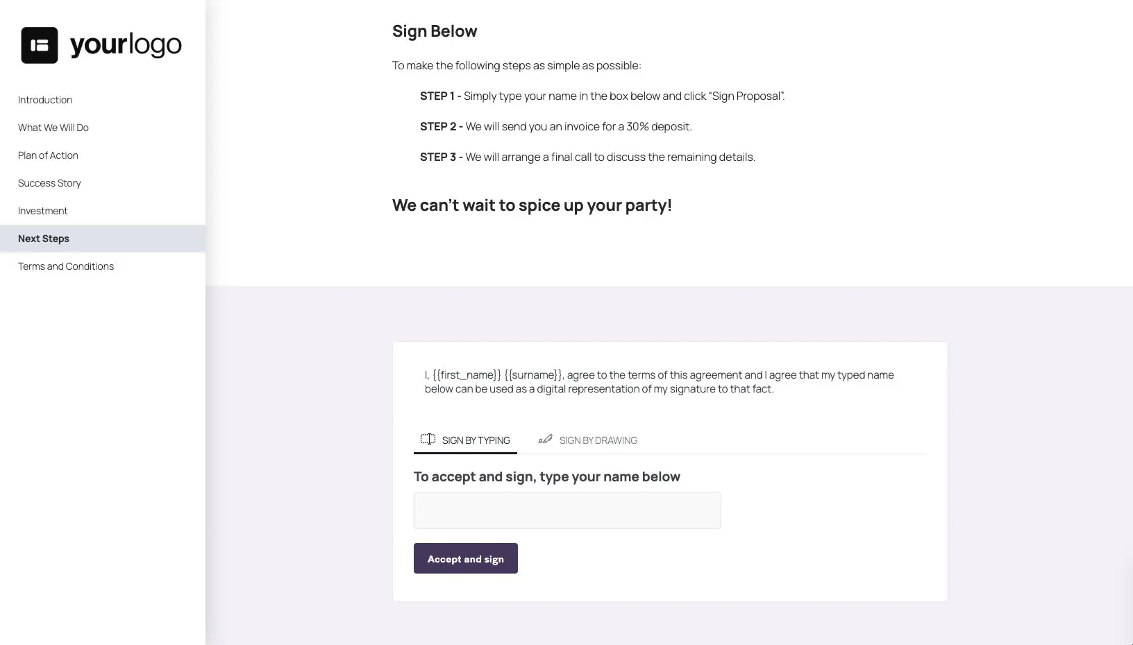 Entertainment Quote Template - Next Steps with Digital Signing