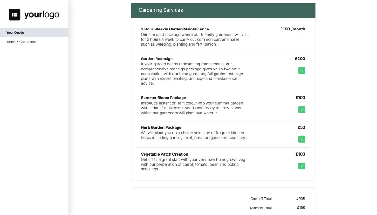 Gardening Quote Template - Pricing