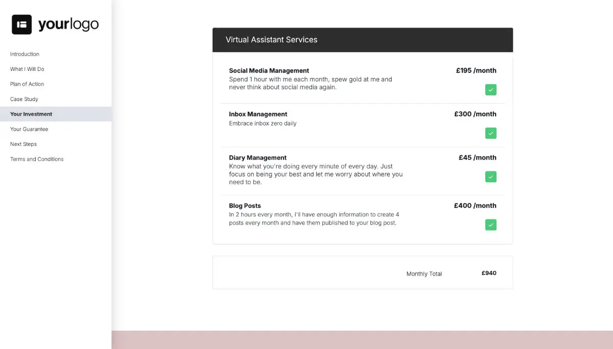 Virtual Assistant Quote Template - Pricing