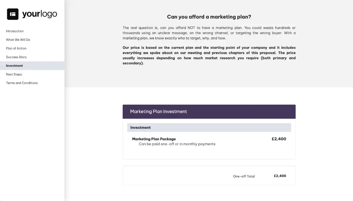 Marketing Plan Quote Template - Pricing